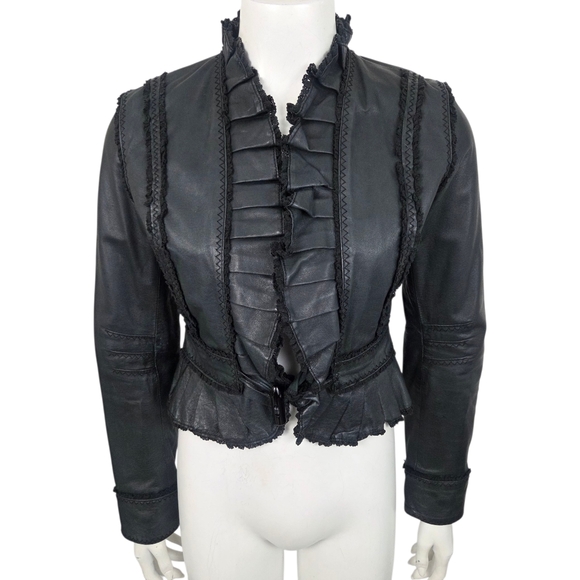 Vintage Y2K Black Leather Jacket Womens Small Ruffle  Goth Dark Romance Coquette - Picture 1 of 12